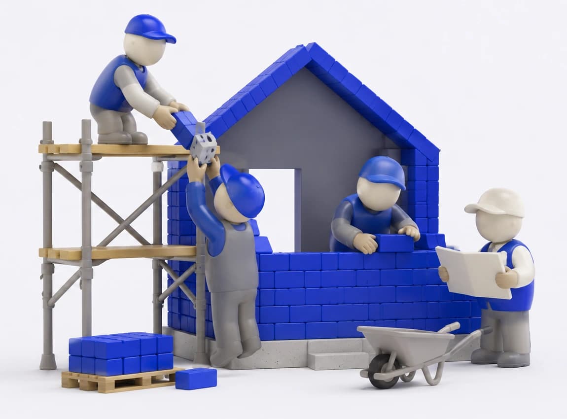 Figuras de juguete construyendo juntas una casa de ladrillos azules: una pasa un bloque desde el andamio, otra levanta la pared y otra revisa los planos